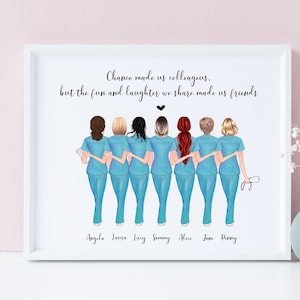 May include: A framed print with a quote about friendship and a group of seven women in blue scrubs. The quote reads "Chance made us colleagues, but the fun and laughter we share made us friends". The names Angela, Laura, Lacy, Sammy, Alice, Jane, and Penny are written below the women.