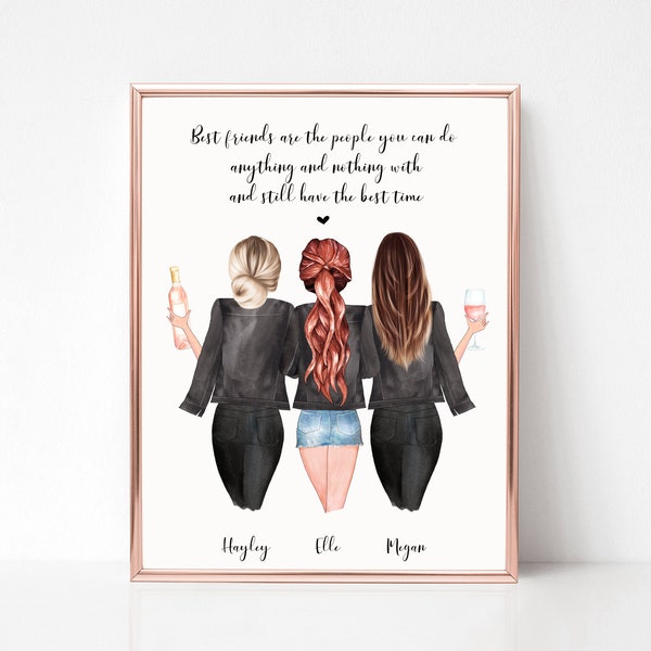 Beste vriend cadeau, aanwezige vriend, 2, 3 of 4 vriendengroep, gepersonaliseerd cadeau voor haar, BFF cadeau, vriendschap print, brievenbus cadeau