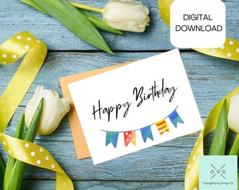Printable Happy Birthday Card with Colorful Bunting (Digital Download)