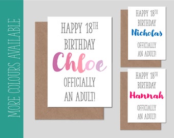 Personalised Birthday Card for 18th Birthday - Personalised Birthday card for 18 year old - Happy 18th Birthday - Officially an adult card