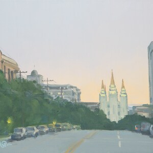 May include: A painting of a city street scene at dusk with a tall building on the right and a large white building with golden spires in the distance. The street is lined with trees and parked cars.