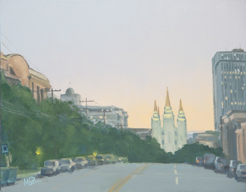 May include: A painting of a city street scene at dusk with a tall building on the right and a large white building with golden spires in the distance. The street is lined with trees and parked cars.