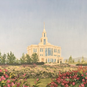 May include: An oil painting depicts a cream-colored building with a tall spire, set against a light blue sky. The building has large windows and is surrounded by green trees and vibrant pink and red flowers in a garden.