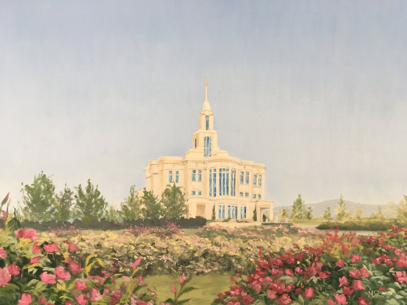 May include: An oil painting depicts a cream-colored building with a tall spire, set against a light blue sky. The building has large windows and is surrounded by green trees and vibrant pink and red flowers in a garden.