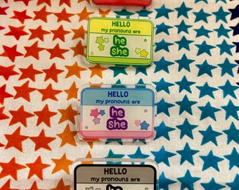 Star Glitter Pronoun Pins (He/She)