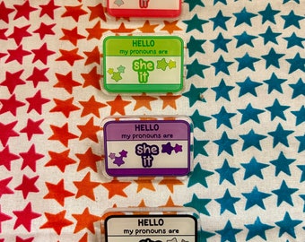 Star Glitter Pronoun Pins (She/It)
