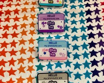 Star Glitter Pronoun Pins (she/he)