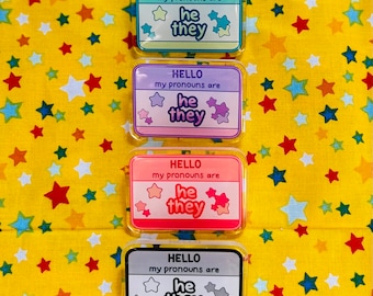 Star Glitter Pronoun Pins (He/They)