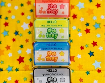 Star Glitter Pronoun Pins (She/They)