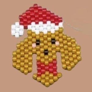 May include: A beaded Christmas decoration shaped like a dog, wearing a red and white Santa hat and a red and gold scarf. The dog's body is gold. The ornament is made from small beads, perfect for festive decor.