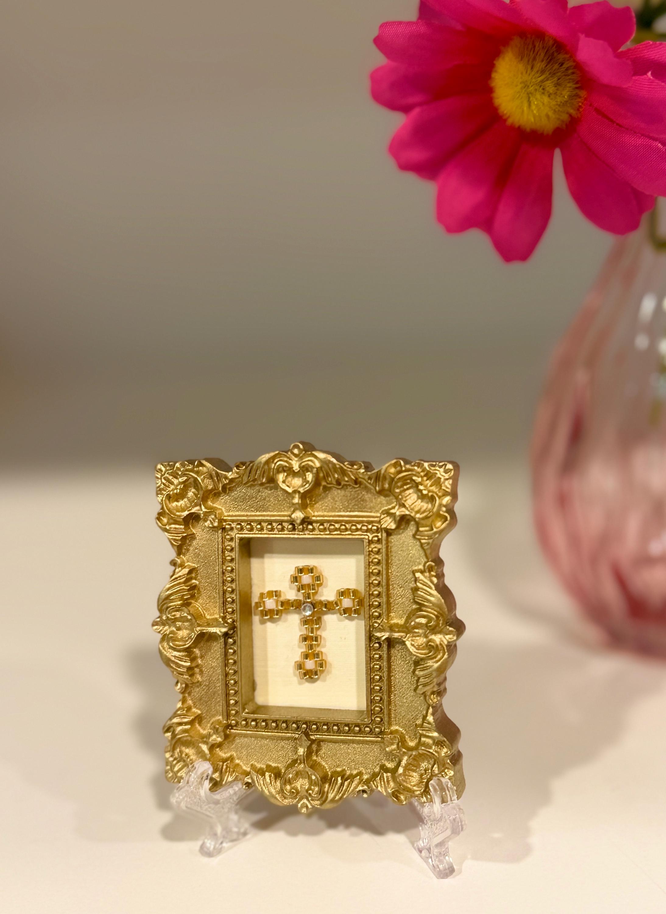 Tiny Beaded Cross Art, Ornate Gold Frame, Miniature Religious Decor ...