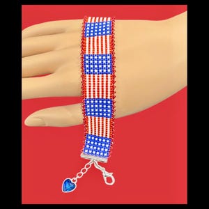 Miyuki beaded USA loom cuff adjustable bracelet, silver color accents, elegant flag  gift, patriotic jewelry, Memorial Day, July 4