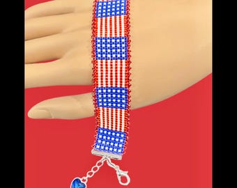 Miyuki Beaded Loom Cuff Bracelet, USA Flag, Patriotic Jewelry
