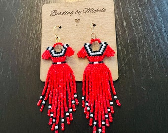 Red dress gown long fringe earrings statement earrings seed beads handwoven colorful art deco party cocktail lady in red earrings