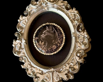 Cuadro pequeño victoriano de gato negro con halo de cristal / Retrato de gato en miniatura / Decoración gótica de gato / Marco barroco plateado / Regalo para amantes de los gatos