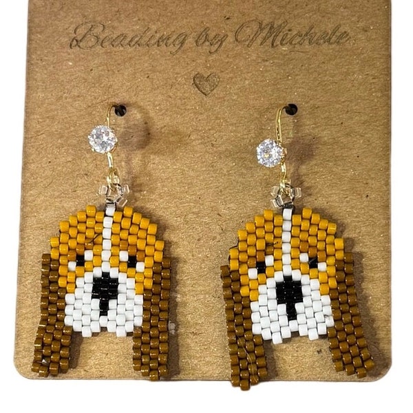 Handwoven Handcrafted Brick Stitch Myuki Delica Glass Seed Beaded Basset Hound Earrings: Perfect for Long Ear Dog Lovers and Moms