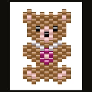 May include: Brown beaded teddy bear with a pink bow and white collar. The bear is sitting with its legs outstretched.