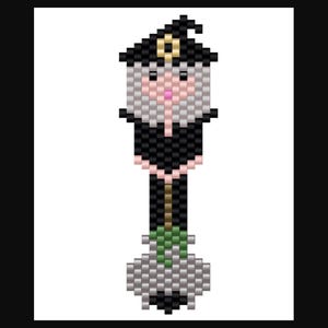 May include: A beaded witch design in black, gray, pink, and gold. The witch has a black hat with a gold crescent moon, gray hair, and a pink face. The witch is holding a broom. The text "BeadingbyMichele" is at the bottom.