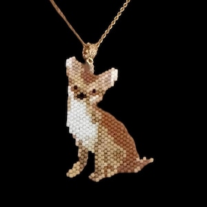 Beaded Chihuahua pendant on gold color chain, gift for Chihuahua mom, small dog  necklace, tan white Chihuahua, dog park accessory