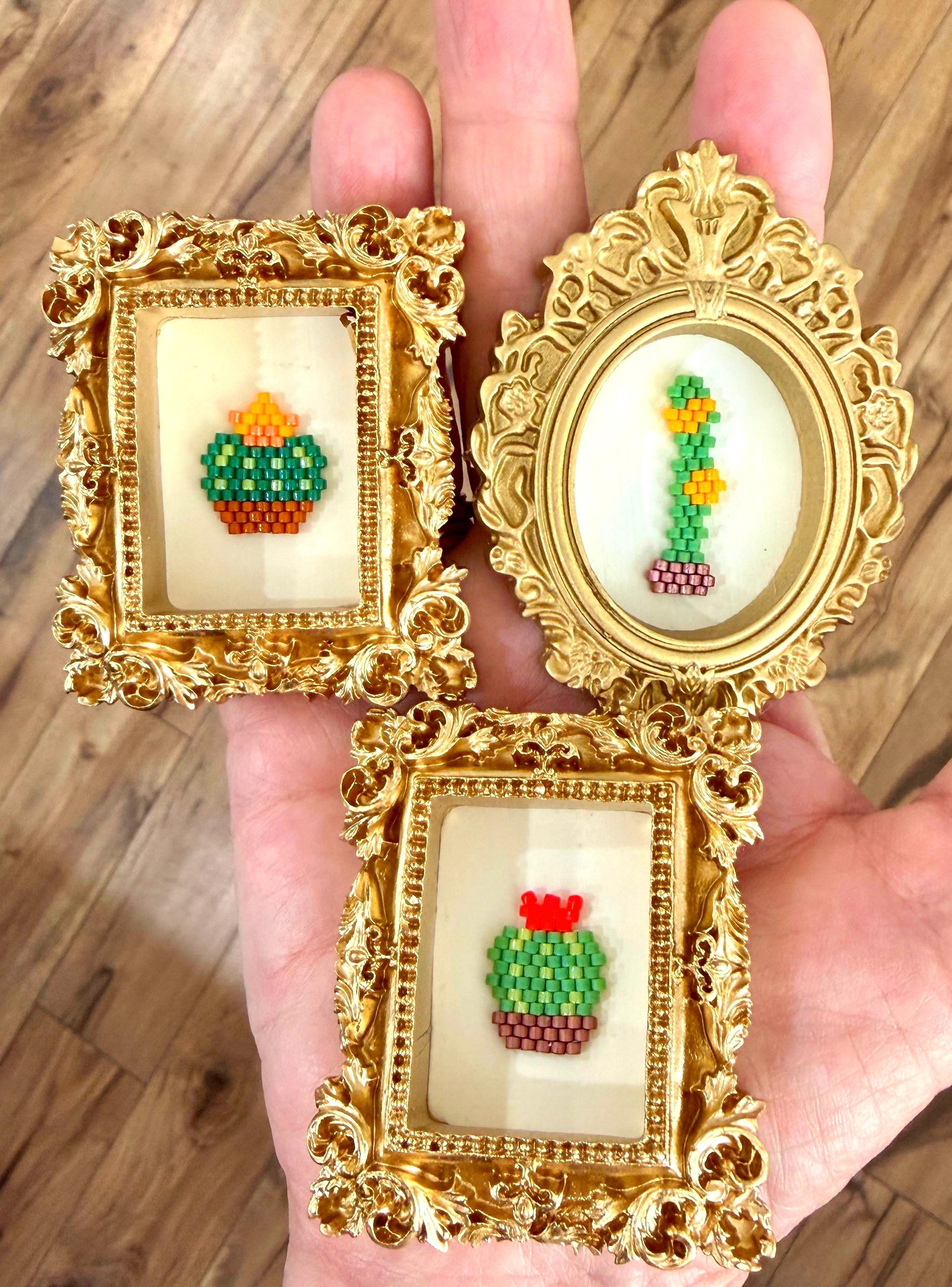 Tiny Beaded Cactus Art - Miniature Framed Beadwork, Ornate Gold Frame, Desk Decor