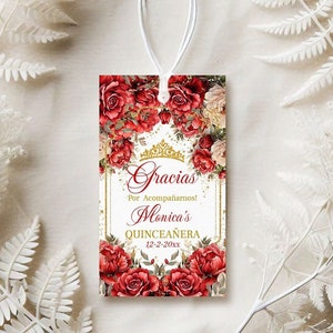 Médaillons de fête Regal Quinceanera avec roses rouges et motif floral élégant - Bordeaux crème, étiquette de remerciement Sweet Sixteen, modèle de coing, QRT1