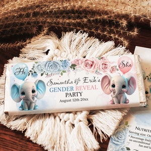Envoltorio de chocolate con diseño de elefante para revelar el género con rosas azules y rosas, etiqueta de 45 g (para él o ella), edita tú mismo, BSE7