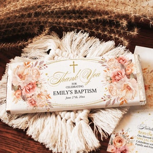 Beige Rose und Gold Taufe Schokoriegel Wrap, Floral Primera Comunion Schokolade Wrapper 1,55 oz Etikett und 40g Bars Wrapper, GBB1
