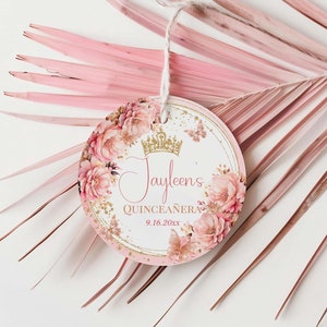 Bearbeitbarer Kreis rund Quinceanera Etiketten, Roségold Schmetterlinge Aufkleber, Regal Roses Quinceanera, Sweet 16 Printable, Avery Tags, QAP3