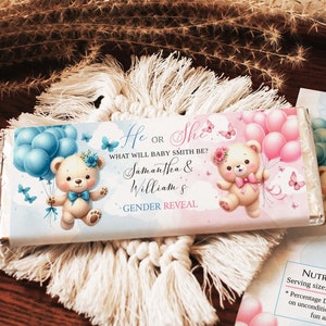 Editable Gender Reveal Party Chocolate Wrapper - Blue or Pink Bear Candy Bar - 1.55 oz Size, BSE9