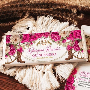 Envoltorios para barras de caramelos de quinceañera occidentales / Rosas fucsias y botas de vaquero / Diseño elegante para barras de 1,55 oz y 40 g, QRW7