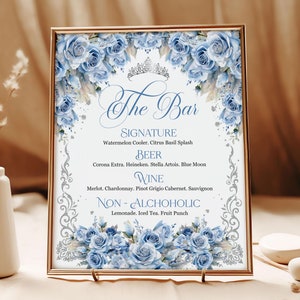 Elegant Baby Blue Floral Bar Menu - Butterflies & Crown Quinceanera Decor, BBQ9