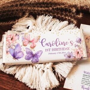 Emballage de barre de chocolat pour le premier anniversaire papillon violet et rose - Cadeaux d'anniversaire personnalisés pour filles, BPB7