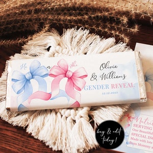 Envoltorio de barra de chocolate con lazo rosa y azul para revelar el género del niño o la niña, 1,55 oz, BGR26