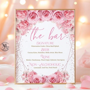 Rose Gold Floral Bar Menü Vorlage | Rosa Thema Party Dekor | Bearbeitbare Getränke- und Signature-Cocktailkarte, QCB9
