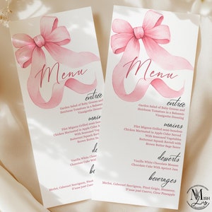 Menú personalizable con lazo rosa / Menú imprimible para baby shower con lazo rosa / Menú editable para baby shower de niña, BFW9