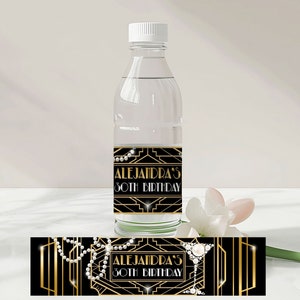 Étiquettes pour bouteilles d'eau Great Gatsby - Noir et or, cadeaux pour anniversaire, GGP1