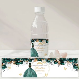 Étiquettes vert émeraude pour bouteille d'eau Quinceanera avec robe scintillante, modèle de bouteille d'eau Sweet Sixteen, coing royal, à modifier vous-même, QEG1