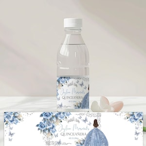 Etichette per bottiglie Quinceanera Regal Roses con motivo floreale azzurro - Farfalle e corona, etichette per bottiglie d'acqua, BBQ9