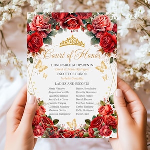 Modelo de Corte de Honra de Quinceañera com Rosas Vermelhas | Cartão Espanhol Editável de Corte de Honra | Mis Quince Anos 15º Aniversário, QER2