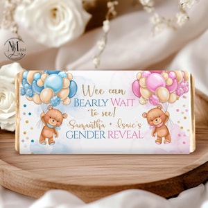 He of zij wikkel chocoladerepen met teddybeer en blauwe en roze ballonnen, jongen of meisje gender Reveal party wrappers 1,55 oz, TBS5