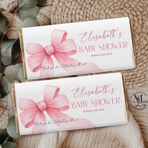 Envoltorio para barra de caramelos para baby shower de niña, tema de lazo rosa, obsequios de fiesta editables para barras de 1,55 oz y 40 g, BFW9