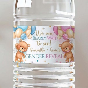 Er oder Sie Dusche Wasserflaschenetiketten mit Teddybär und blauen und rosa Luftballons, Junge oder Mädchen Geschlecht offenbaren Party-Thema Wasserflasche, TBS5