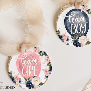 Team Girl Team Boy-stickers voor gender-onthullingsfeest met jongens- en meisjesballonnen, hij of zij-thema, marineblauw en blozen gender-onthullingsfeest, polyester