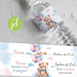 Etiquetas para botellas de agua con diseño de osito de peluche, plantilla para botella de agua con globos azules y rosas, personalizables, regalos de fiesta personalizados, BGE7