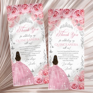 Cartão de agradecimento para festa de 15 anos rosa e prata | Design de coroa floral editável | Bilhete para impressão de 15º aniversário da Sweet 16 Mis Quince, QCB9