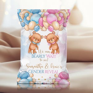Bolsa de chips editable para revelar el género del bebé, con osito de peluche y globos azules y dorados. Bolsa de chips Bearly Wait para baby shower. Recuerdos para revelar el género del bebé. TBS5