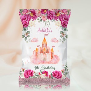 Editable Princess Birthday Chip Bag with Pink and Gold Castle, Princess Theme Party Chip Bag with Pink Flowers, Girls Birthday Favors, PTP1