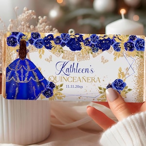 Snoepverpakking quinceañera | Koningsblauwe bloemen en bladgoud | Chocoladewrap van 1,55 oz en 40 g, RBQ2