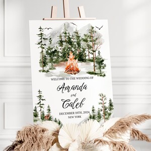 Plantilla de letrero de bienvenida para boda en la montaña con pinos, letrero de boda rústico editable, letrero imprimible con temática de bosque, decoración de boda, MWI1