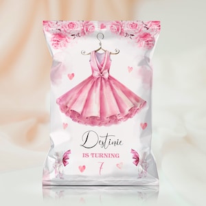 Tutu Ballerina Birthday Chip Bag with Beautiful Pink Dress and Slippers, Ballet Birthday Party Chip Bag Wrapper, Editable Chip Bag, TBB1